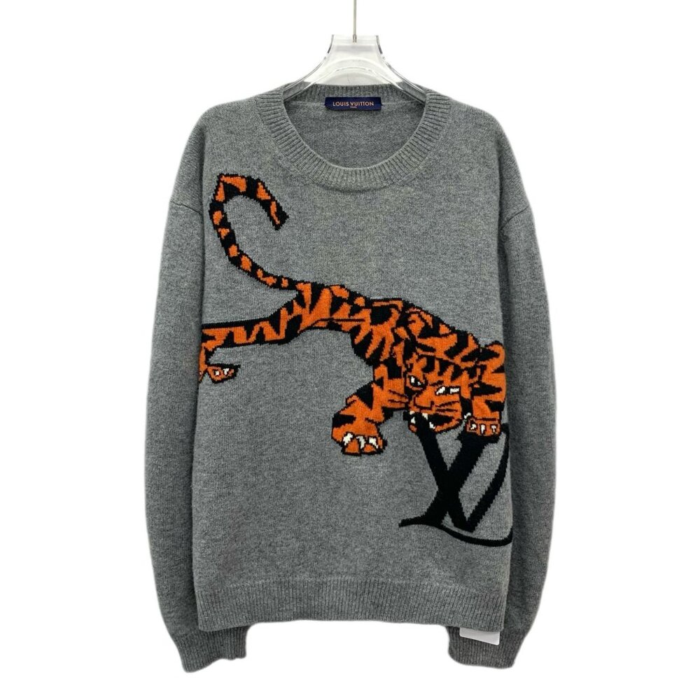 Louis Vuitton 2022 Collection Gray Tiger Logo Embroidered Shearling Crewneck Lon